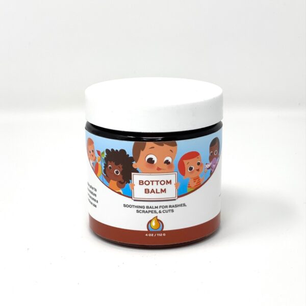 A jar of bottom balm with children 's faces on it.