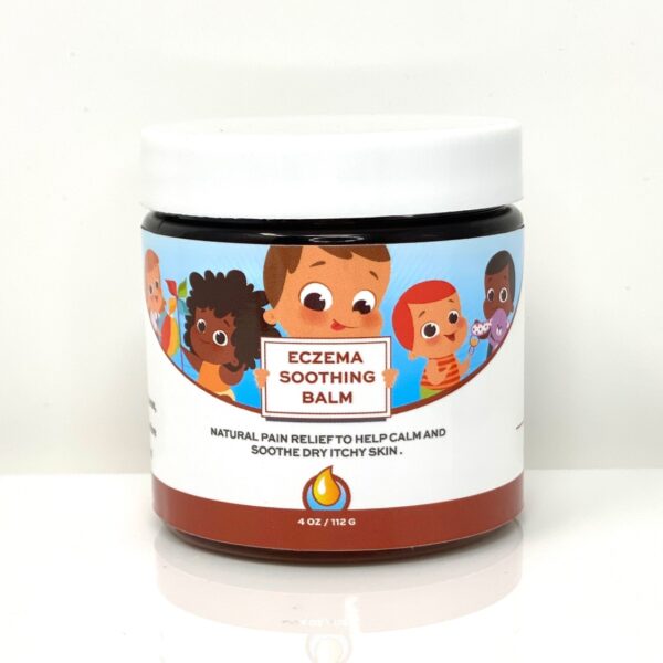A jar of eczema soothing balm on top of a table.