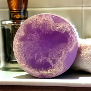 A purple soap sitting on top of a counter.